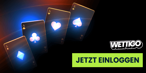 Glänzende As Karten vor dunklem Hintergrund mit dem Hinweis Jetzt einloggen im Zusammenhang mit dem Wettigo Login