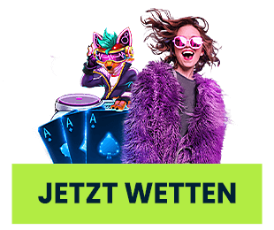 Illustration mit Spielkarten und einer Frau im auffälligen Outfit mit dem Hinweis Jetzt wetten