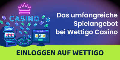 Casinoillustration mit Slotmaschinen und Münzen sowie dem Hinweis Einloggen auf Wettigo für Nutzer aus Wettigo Schweiz